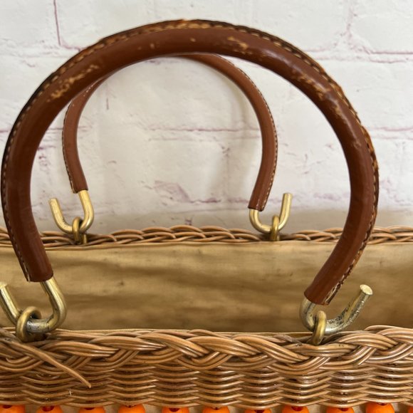 60's Straw & Beaded Tote Bag/Purse - Leather Handle - Boho - Mod - Coated Straw - Picture 4 of 9